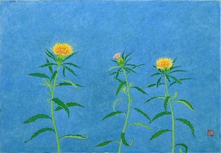 奥の細道句抄絵・まゆはきを俤にして紅粉の花