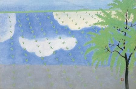 奥の細道句抄絵・田一枚植ゑて立ち去る柳かな