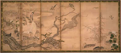 伝秋月等観「花鳥図」 紙本淡彩　6曲1双 室町時代