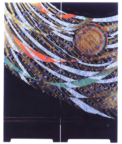 工芸美術 耀貝二曲屏風 朝陽の響［ようかいにきょくびょうぶ　ちょうようのひびき］