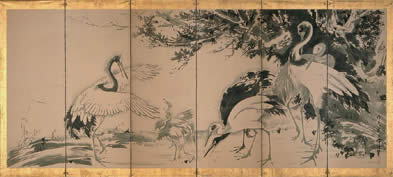 曾我蕭白（1730～81）「群鶴図」 紙本墨画　6曲1双 江戸時代後期