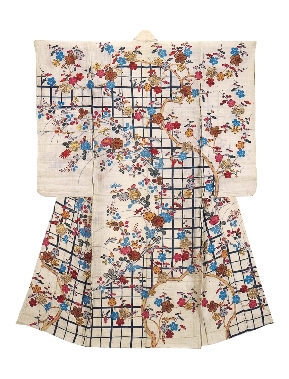 格子に梅樹秋草模様帷子 （こうしにばいじゅあきくさもようかたびら）