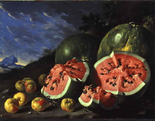 ボデゴン：風景の中の西瓜と林檎