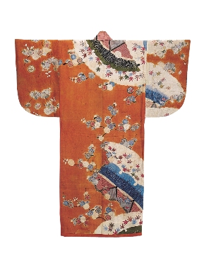 雪持ち柴垣に梅樹模様小袖 （ゆきもちしばがきにばいじゅもようこそで）