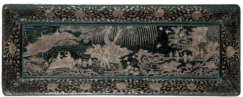 螺鈿楼閣人物図長方盆