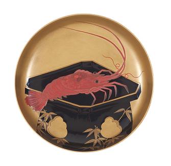 三方に伊勢海老蒔絵杯　　花一房銘