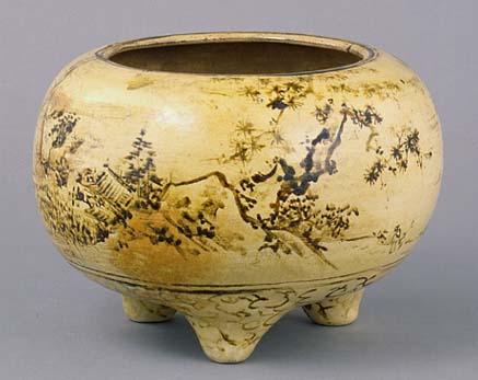 銹絵 楼閣山水図火炉　（さびえ　ろうかくさんすいずかろ）