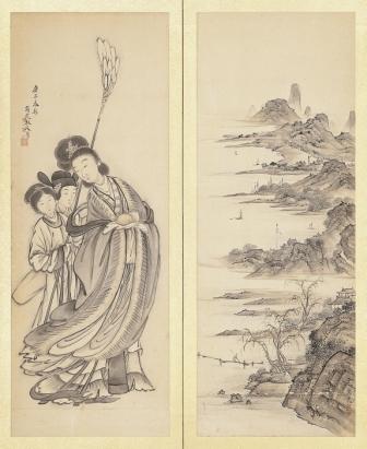 山水人物図押絵貼屏風（部分）