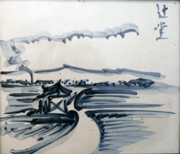 染付 辻堂模様方形陶板