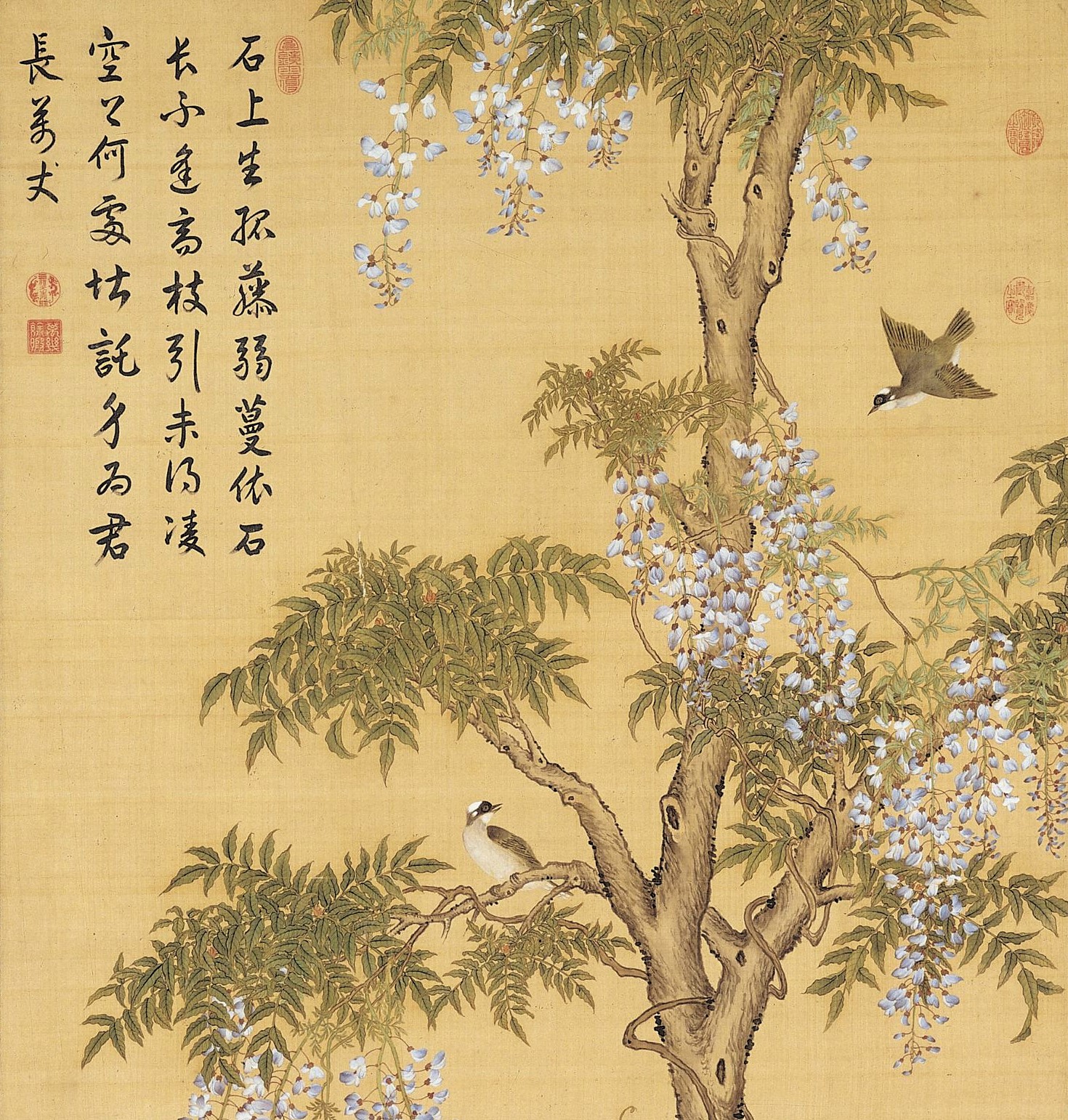 蒋廷錫　藤花山雀図（部分）