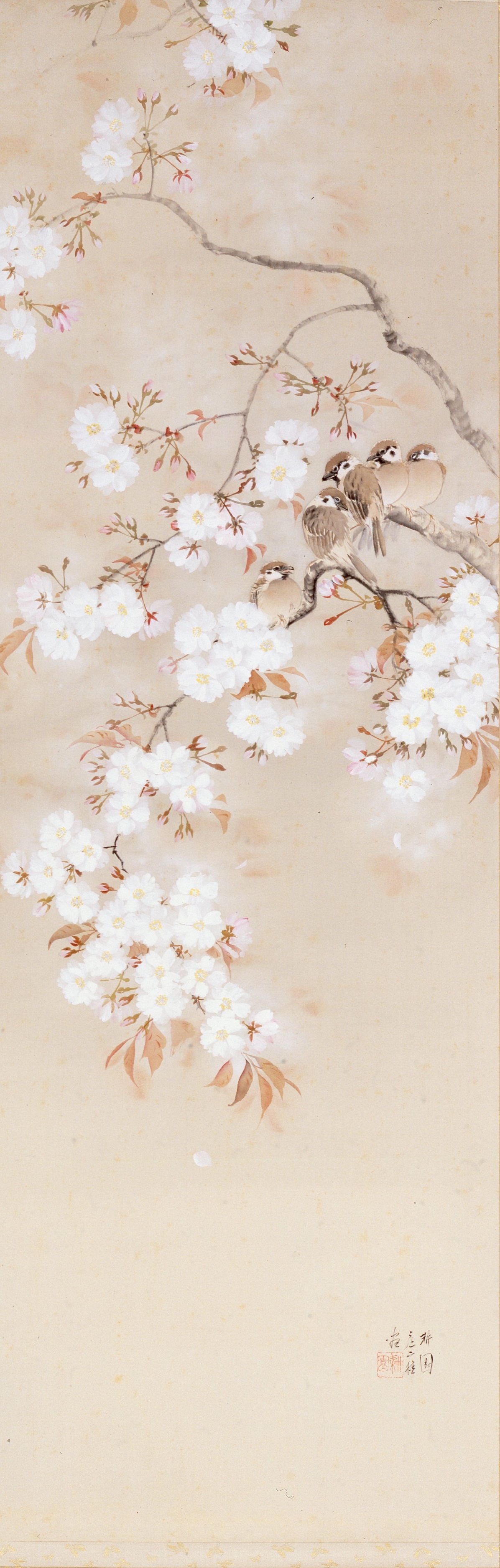 庭山耕園　《八重桜五雀図》　