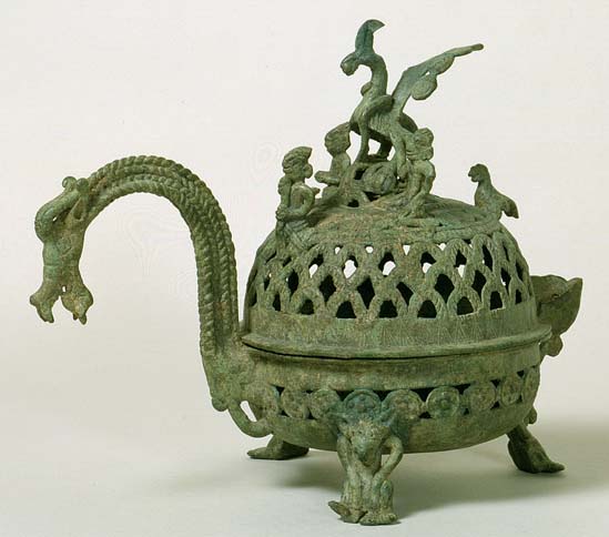 青銅　人物鳳凰飾龍把香炉