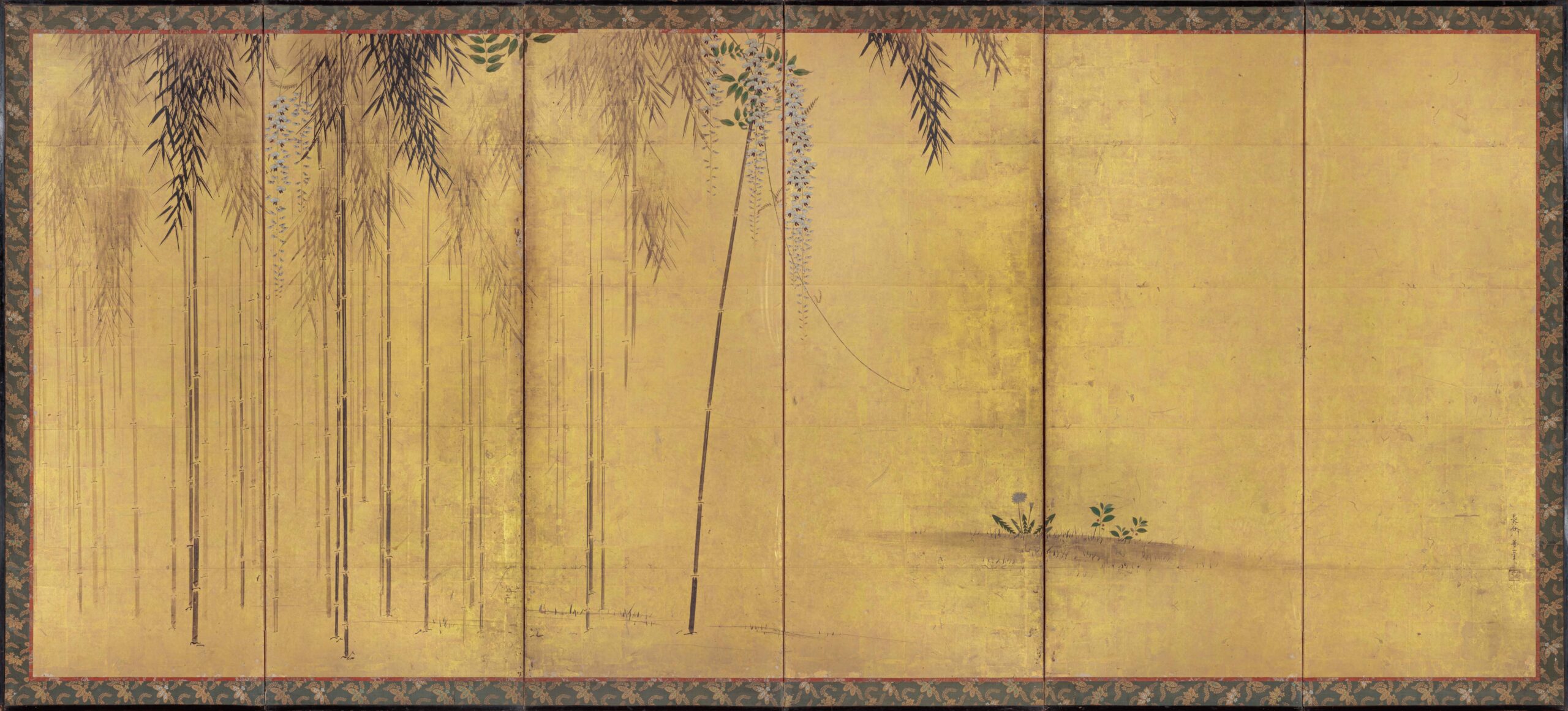 長谷川等二筆「竹藤図屏風」（右隻）