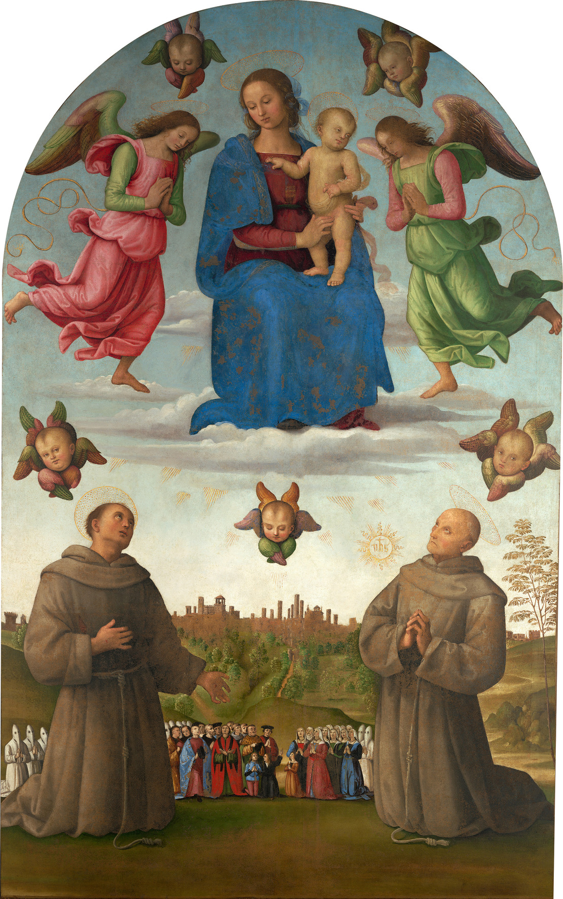 ピエトロ・ヴァンヌッチ（通称ペルジーノ）（1450-1523）　《正義の旗―聖フランチェスコ、シエナの 聖ベルナルディーノ、祈る正義兄弟会の 会員たちのいる聖母子と天使》