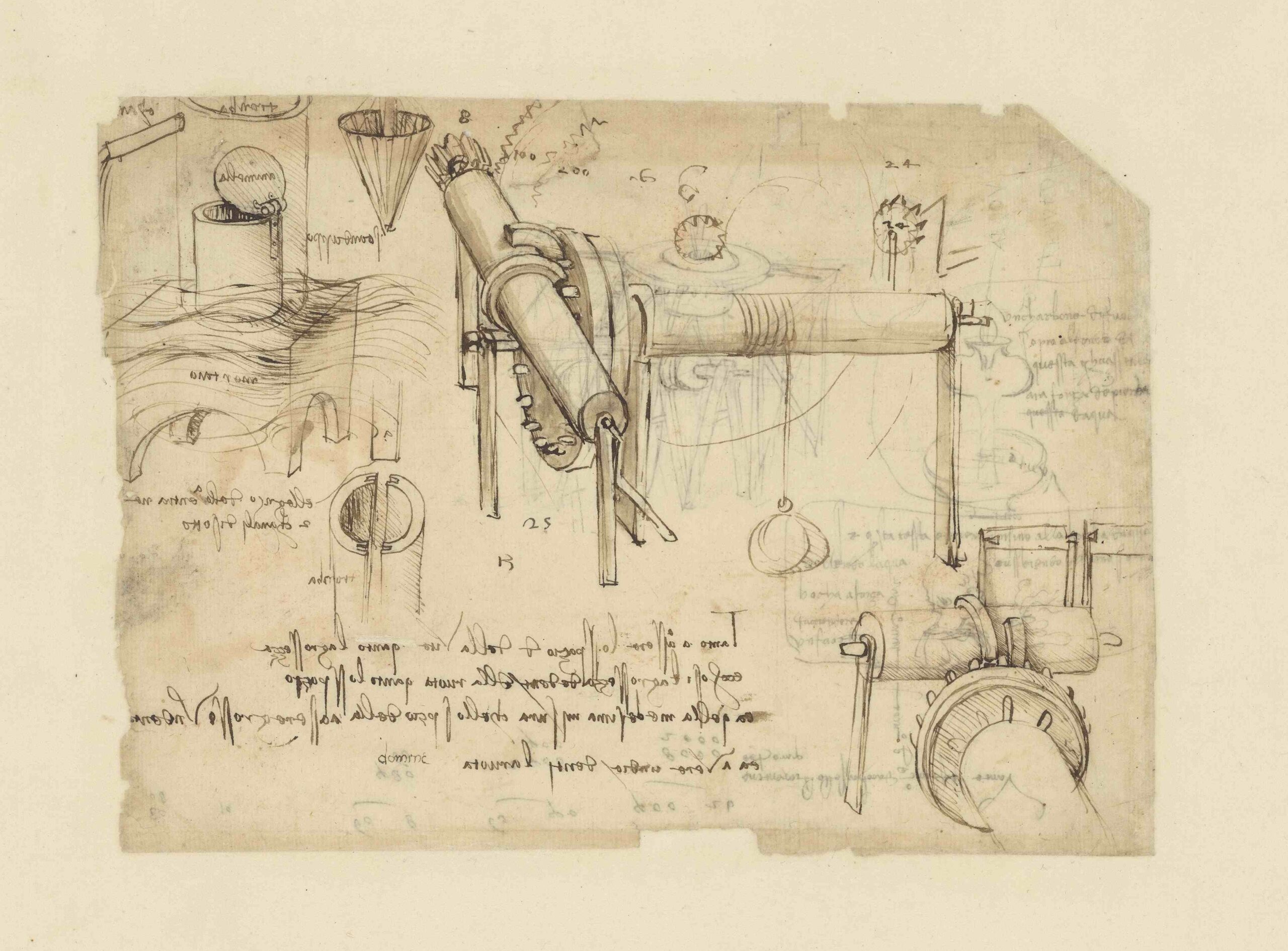 レオナルド・ダ・ヴィンチ（1452-1519） 『アトランティコ手稿』第1112紙葉 表 《巻き上げ機と油圧ポンプ》