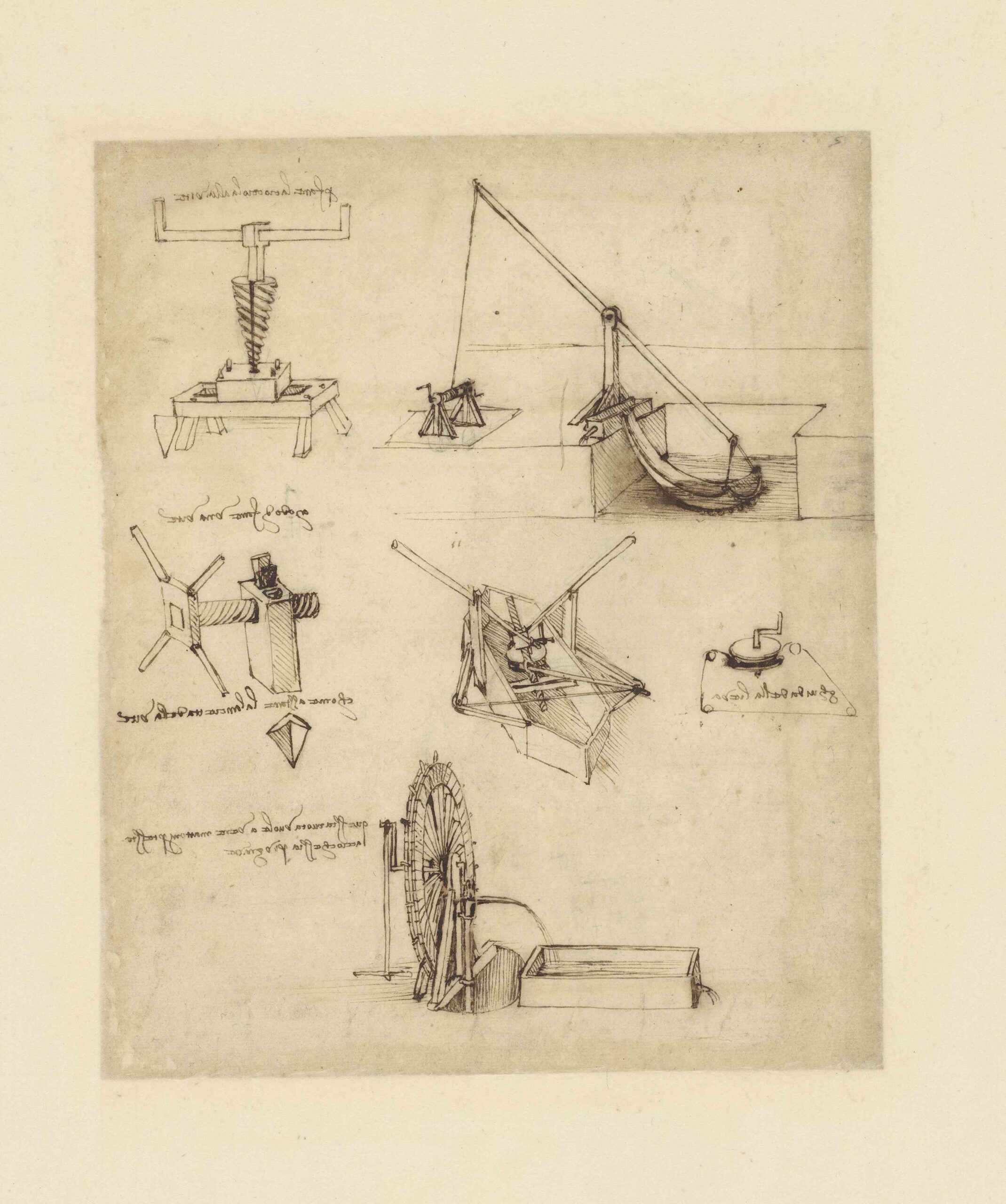 レオナルド・ダ・ヴィンチ(1452-1519) 　『アトランティコ手稿』第156紙葉 表 《水を汲み上げ、ネジを切る装置》